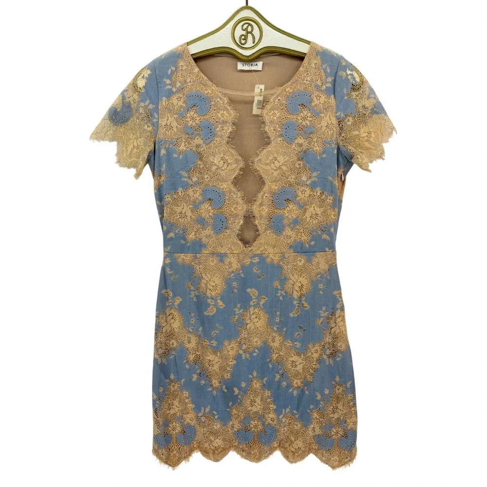 Storia Blue Lace Mini Dress L Romantic Cottagecore Fairy Coquette Feminine - Picture 2 of 11